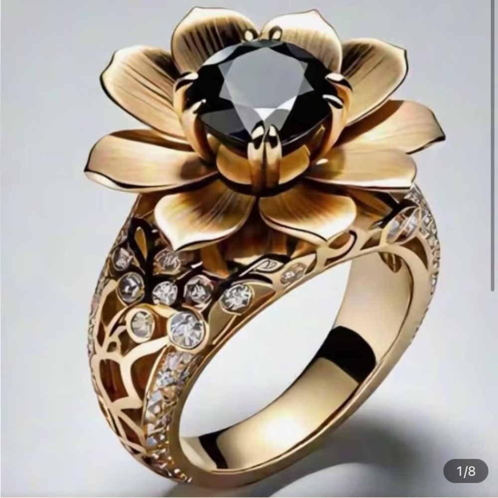 Gold Floral Ring with Black Center Stone - Women's Fashion Ring